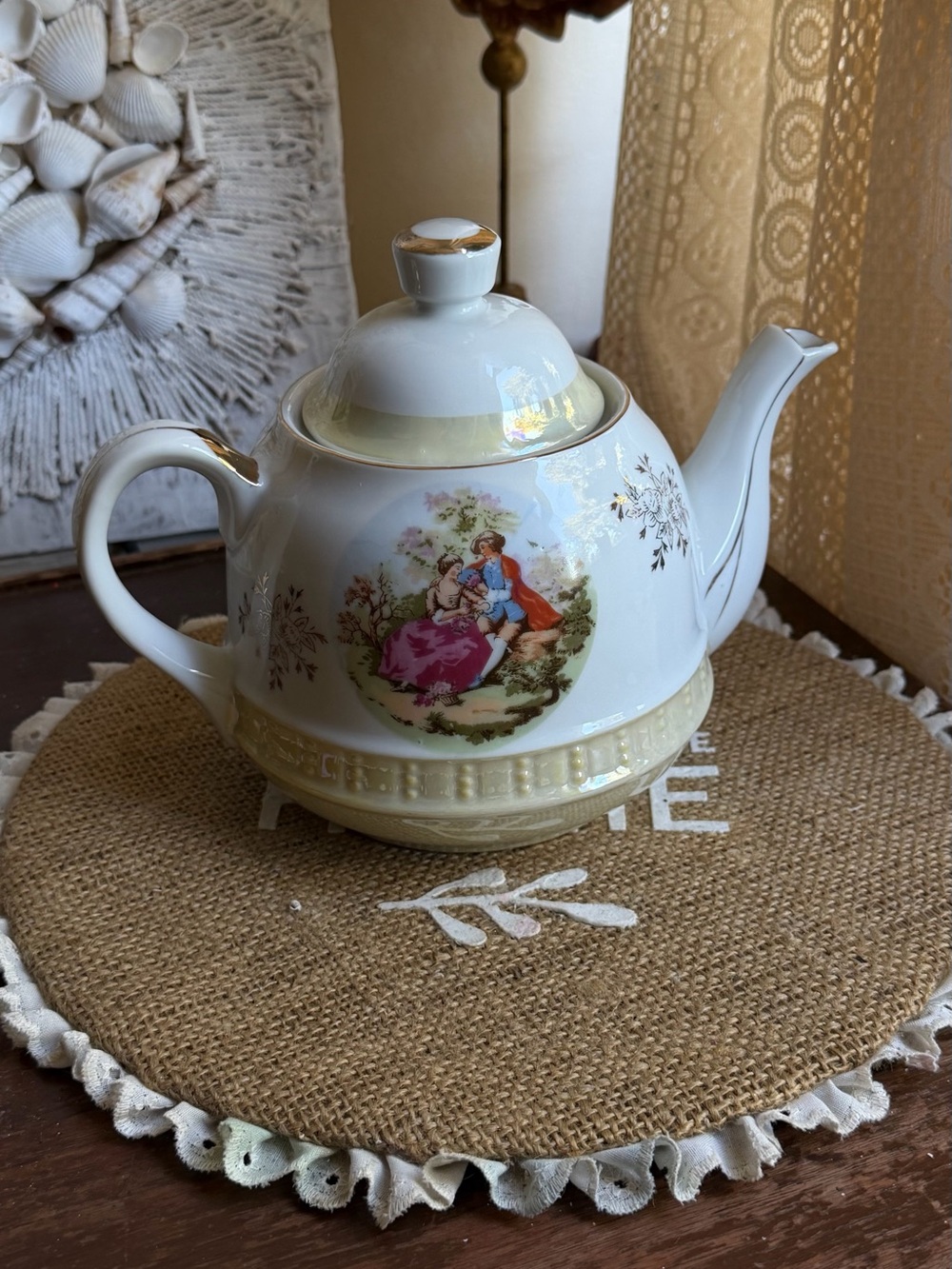 Vintage Porcelain Teapot Victorian Courting Couple Gold Trim Cream Embossed
